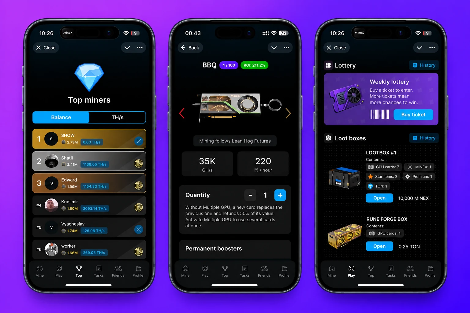 MineX leaderboard, GPU store and loot box catalogue in English