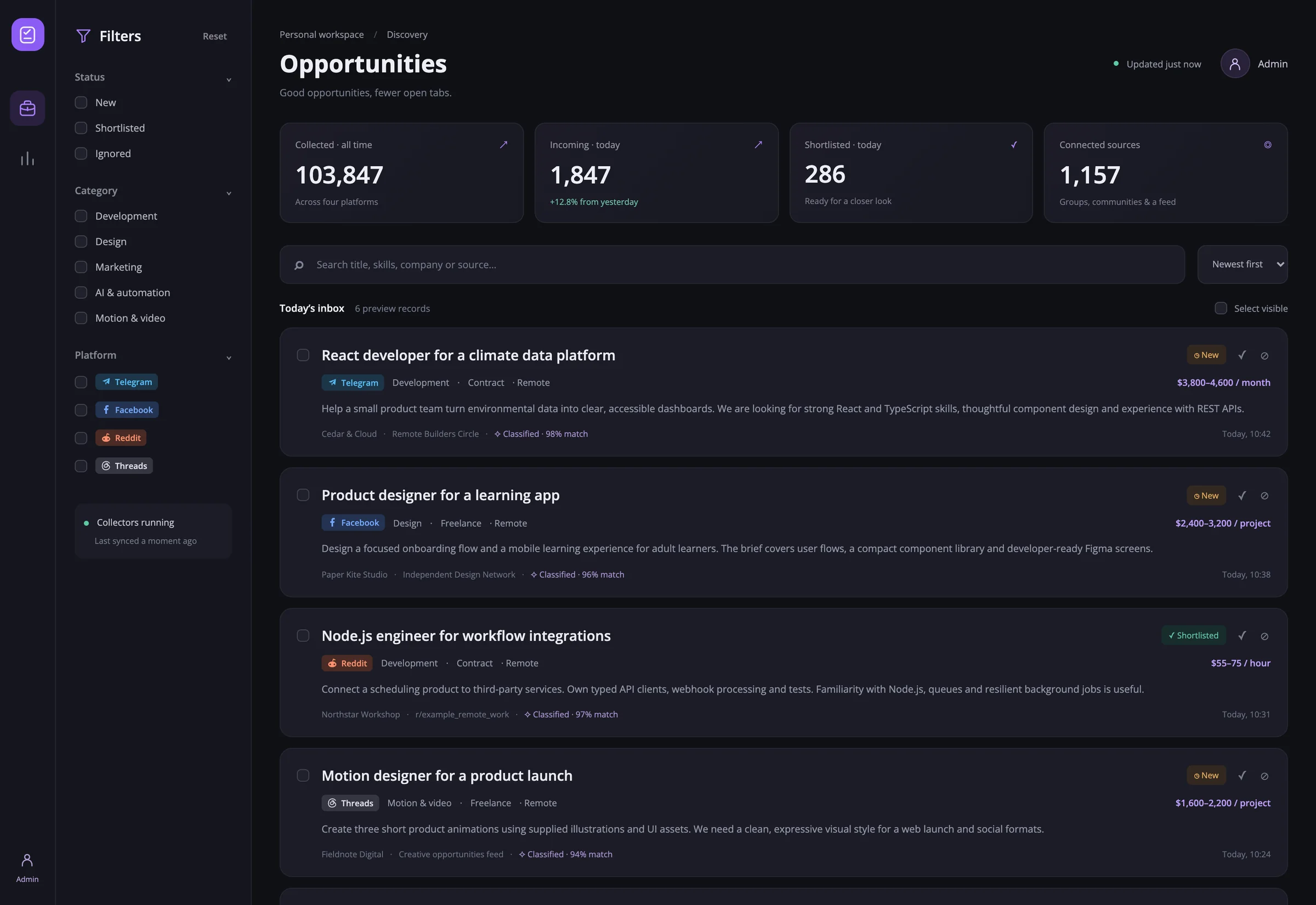 Personal opportunity dashboard with English vacancies and source platform badges