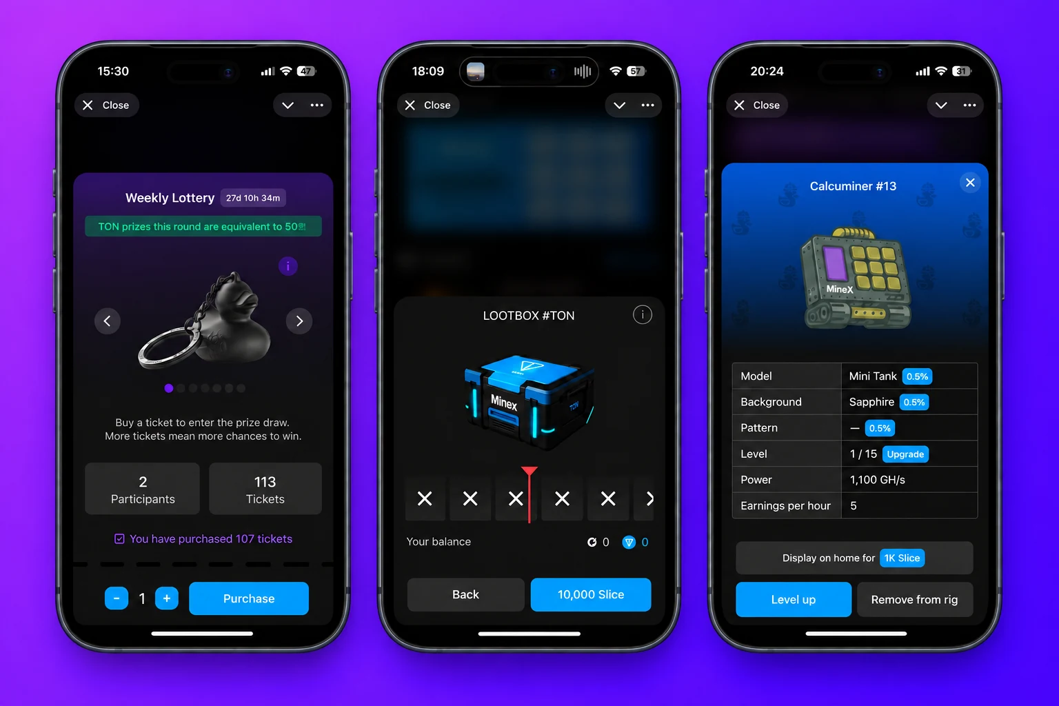 MineX lottery, TON loot box and collectible item detail in English