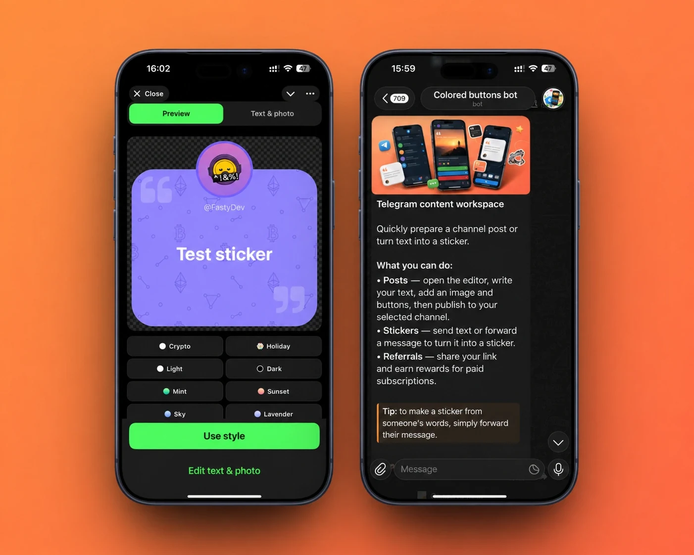 Sticker editor and bot workspace — English interface