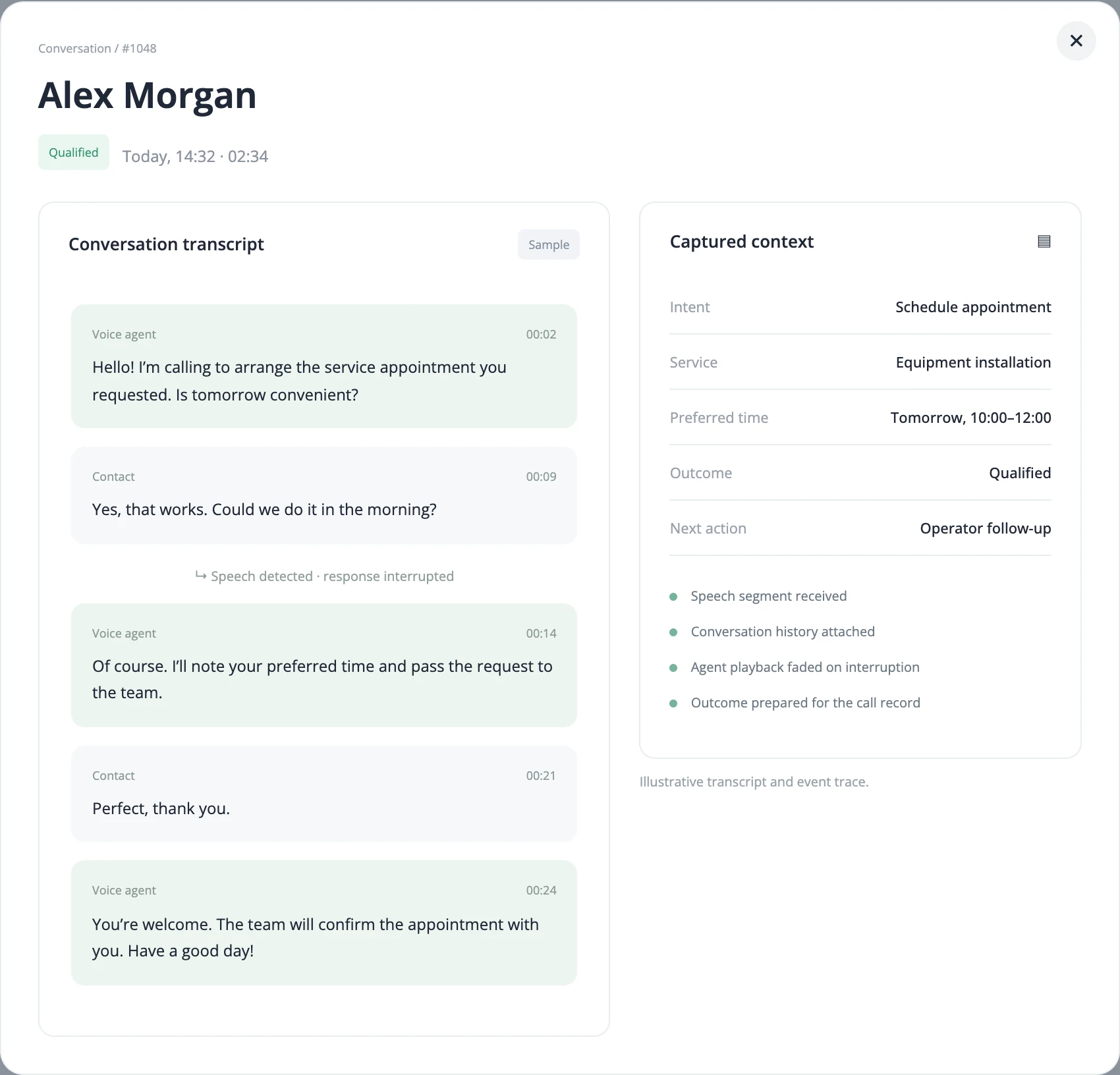 Sample transcript and captured context in the reconstructed interface